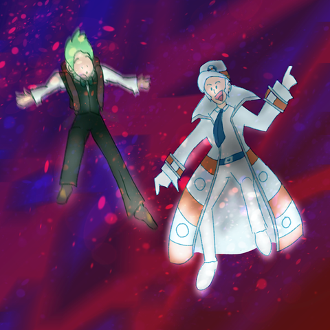 A digital drawing of two human characters from Pokémon, Cilan and Emmet, falling through the Distortion World. Cilan is chaotic and uncoordinated, but Emmet looks like he's having a great time.