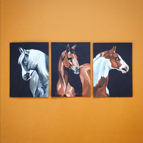 A trio of gouache horse portraits