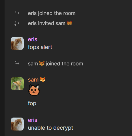 matrix conversation. eris created a room and invited me, i joined, sent :neofox_floof:, eris immediately sent "unable to decrypt" (it can't read the messages)