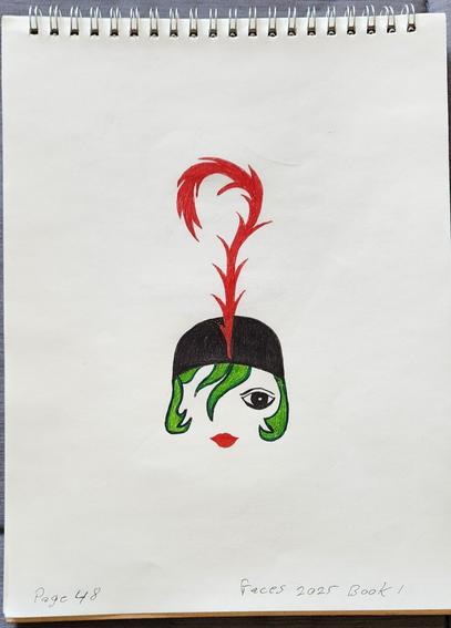 Photo of a page in a top-bound spiral sketchbook shows a hand drawn illustration by San Diego artist Steven Preston. The page shows a face of a girl with green hair, a black hat and a red feathered decoration in the shape of a question mark. Hand written text at the bottom of the page reads, Page 48 Faces 2025 Book 1