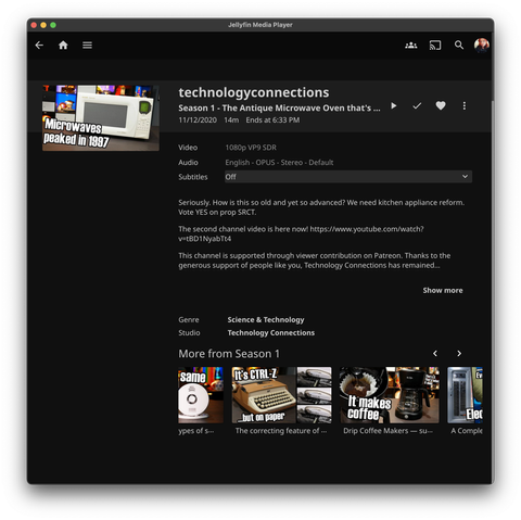A screenshot of the Jellyfin app, showing that a Youtube subscription has been added to it.