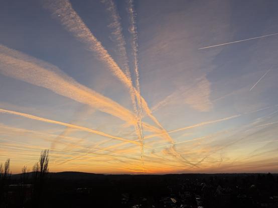 A photo of the evening sky with lots of contrails. Some of them not as straight as others.