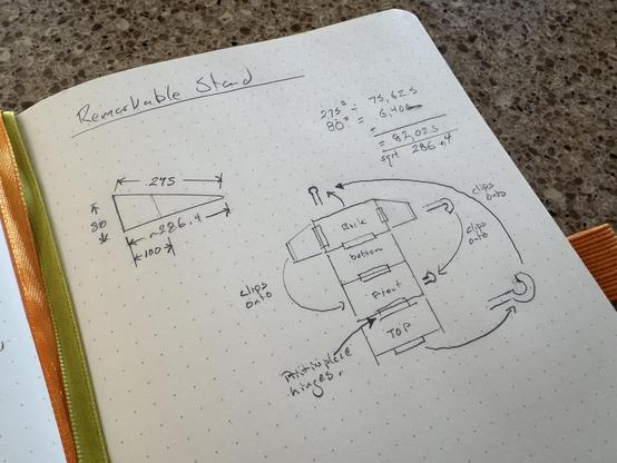 A notebook with a dot grid pattern showing the measurements for the wedge I was considering and then a diagram for how I would create a print in place foldable version. In the top right corner is math for calculating the length of one of the side sides.