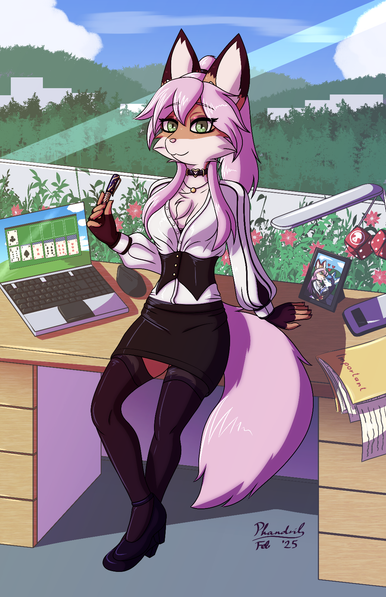 Beth in her office attire sitting on her desk