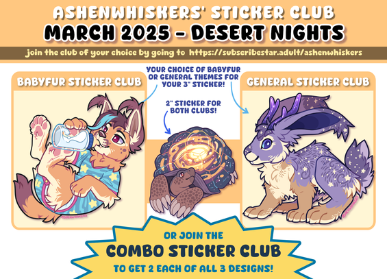 Ashenwhisker's sticker club - March 2025 - DESERT NIGHTS General 3" - a starry purple jackalope Babyfur 3" - a caracal kid in a starry onesie, drinking a bottle of milk Bonus 2" - a tortoise with a galaxy in their shell