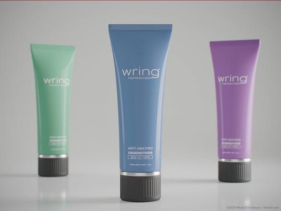 Three hand cream cosmetic tubes with "Wring Hand Scream and Anti-Grating Desensitiser" written on the front.