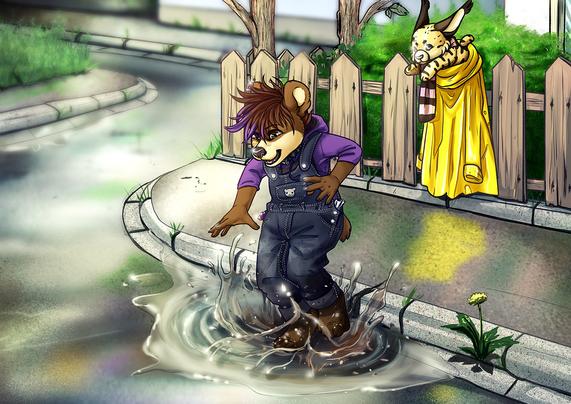 Sascha the little bearkitty having a blast jumping around in a puddle. Water splashing on Sascha's overalls, his paws are wet.
He's wearing blue denim overalls with the waistband of his diaper sticking out and a purple hoodie. His overalls look poofed out a bit from the bulk of his diaper
His raincoat is hanging over a fence with his plushie lynx Sammy sitting in it to keep dry. The plushie seems concered about Sascha getting himself all wet and dirty.