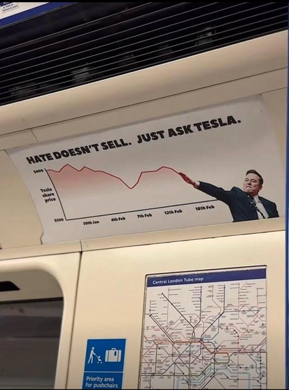Image shows a graph pasted onto the inside of a train carriage. The graph is headed with the words “Hate doesn’t sell. Just ask Tesla” and plots the decline of Tesla’s recent share prices. The declining line merges into the fingers of Elon Musk as he did a Nazi salute.