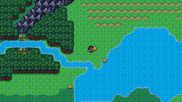 A screenshot of "Enigma Heart." We're on the overworld map, in a green field of grass with a lake, a river, and a forest nearby. The player character, Zalia, is surrounded by small blob-shaped creatures representing encounters.