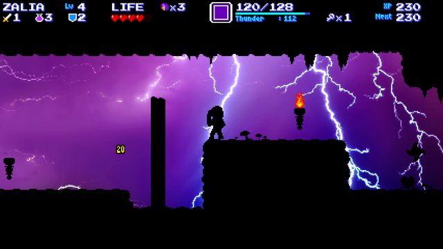 A side-scrolling action scene in "Enigma Heart." Zalia is in what appears to be a cave. Everything, including her, is in silhouette. The background is a purple-and-blue sky with lightning bolts striking all over.
