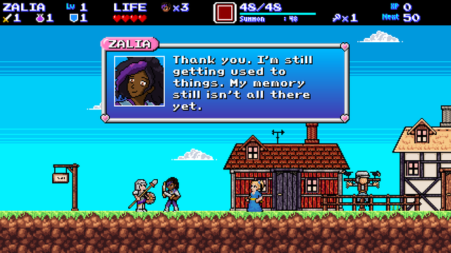 Screenshot of Enigma Heart, in the village of Lydaea. Zalia is talking to a village guard. Her dialogue box reads "Thank you. I'm still getting used to things. My memory still isn't all there yet." Adorning the dialogue box is a 48x48 pixel art anime portrait of Zalia.