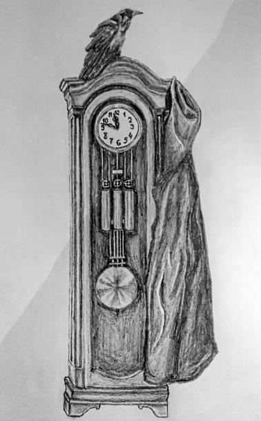 The image is in vertical orientation. Everything is in grayscale. There's a grandfather clock, a raven and a raincoat. The clock face is at the top and shows the time as approximately 13 minutes to midnight. It has 3 visible weights and a large pendulum below the clock face. The clock itself looks to be about chest high. It's made of wood and is slightly ornamented. Its sides look somewhat like pillars. The top has an arch shape. It's quite narrow, being about three times the width of a raven. The raven sits on top of the grandfather clock. It is facing towards the right side of the image. There's a coat hanging on the top right edge of the clock. It's hanging by its hood.