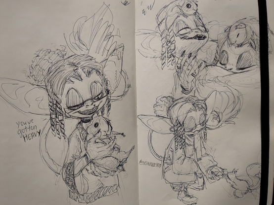 Various doodles of Tealful Eyes interacting with their guinea pig Bippy and one doodle of feeding a squirrel.