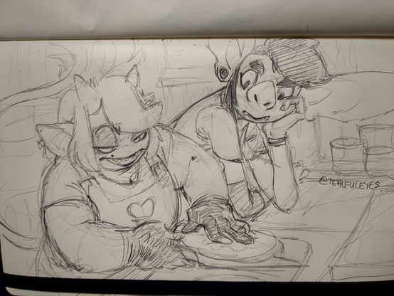 Sketch of Mama Toffy demonstrating to Haley how to butterfly a cut of meat.