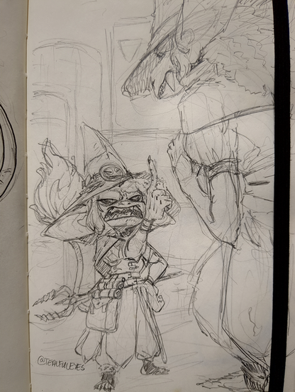 Sketch by Tealful eyes of a senior Warden scolding their junior.