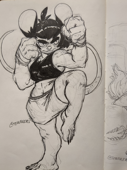 Inked sketch by Tealful Eyes of an anthropomorphic mouse taking a battle stance.