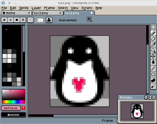 🕶️ A view of its IU with a little pinguin I'm editing, on which I've added a little red heart. Its tabs allow you to work on several images simultaneously. A small window at bottom right gives a preview of the image.

📚️ LibreSprite is a libre, multi-platform fork of Aseprite (whose license became proprietary in August 2016), a graphics tool geared towards animated (or not) sprite design. Compared to other drawing software, the focus is on pixel editing and pixel art. It is not a photo editing tool or a vector graphics editor, it is mainly a tool for creating tiny pixel by pixel animations. In particular, it supports real-time animation preview, layered skins, simultaneous sprite editing (tabs), ready-made palettes (or creation), mosaic mode. A very good tool.