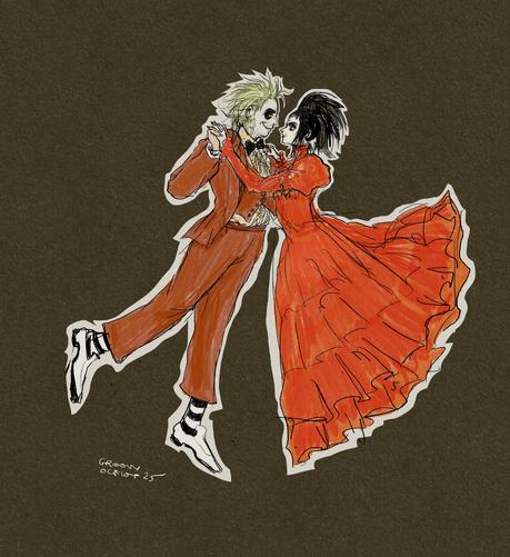 Beetlejuice and Lydia dancing in their red wedding attires.