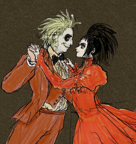 Beetlejuice and Lydia dancing in their red wedding attires. (Close up)