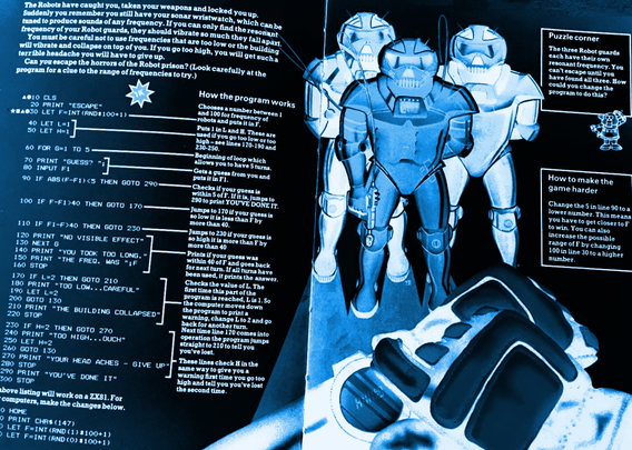 Image of a children's learn to code textbook by Usborne Books. The page shows a snippet from a computer game in BASIC called "Escape". The illustration is of three menacing looking Cyborgs.