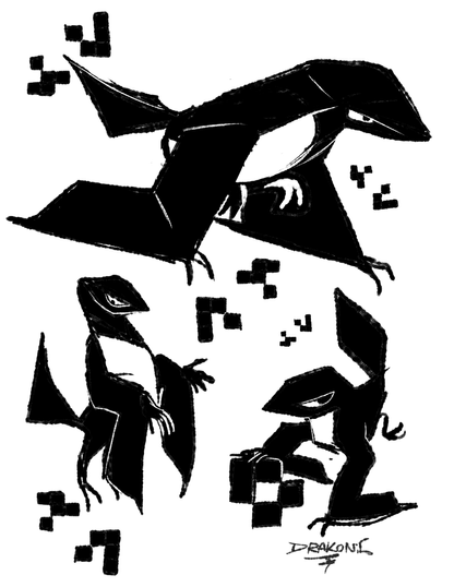 Doodles of bird like creatures inspired by the glider pattern from conway's game of life