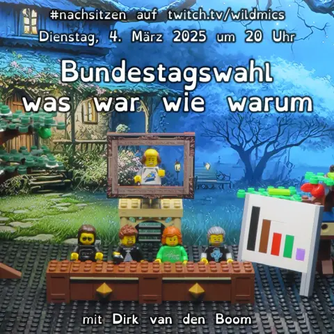 LEGO-Szene als Ankündigung für die Sendung #nachsitzen auf twitch.tv/wildmics am Dienstag, 4. März 2025 um 20 Uhr. Thema der Sendung: 'Bundestagswahl – was war wie warum'. Vor einer Kulisse mit einem märchenhaften Haus und blühenden Bäumen sitzt ein LEGO-Podium mit vier Minifiguren: Alexa (mit Sonnenbrille), Alexander (mit Hoaxilla-Shirt und Mikrofon), Sophia (mit einem Seltsam ist das neue Schön Shirt) und Tommy mit grauen Haaren und Ghostsitter-Motiv auf dem Shirt. Hinter ihnen steht eine Tafel mit einem Balkendiagramm. Oben auf einer kleinen Bühne ist eine Minifigur in einem Bilderrahmen zu sehen, die ein Shirt mit einem Raumschiff trägt. Unten steht: 'mit Dirk van den Boom'.