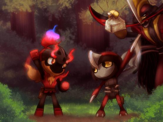 A Charcadet and a Pawniard look at each other, raising their arms in anticipation of a new journey. Behind them, a surprisingly cheery Kingambit holds up a bagged lunch. This takes place in a forest.