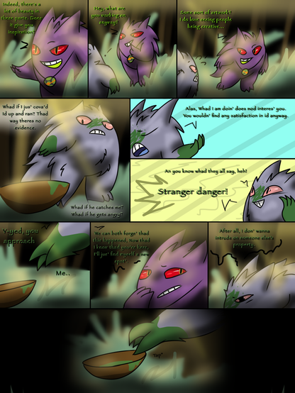 The spiky purple Gengar, Jinji, shows curiosity in the matted shiny Gengar, Aadvay, and tries to peer over his shoulder to see what he's been up to. Aadvay is scared of Jinji's attention, and considers his next move with trepidation.
