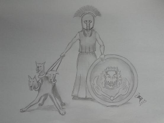 Pencil drawing representing a personal view of Hekate.  A female in long Chiton style dress, with transverse crested Corinthian helmet.  She supports a round shield, upright on the ground, with her left hand.  The shield depicts a Gorgon head and firebrand torches.  Her right hand holds the leashes of a 3 headed hound.