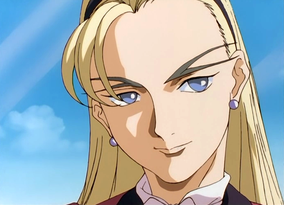 A screenshot of Dorothy Catalonia from Gundam Wing. It is a closeup of her face. She has blue eyes and long blonde hair, but her most distinguishing feature is her eyebrows, which are long and forked, with two endpoints on each side of her face.