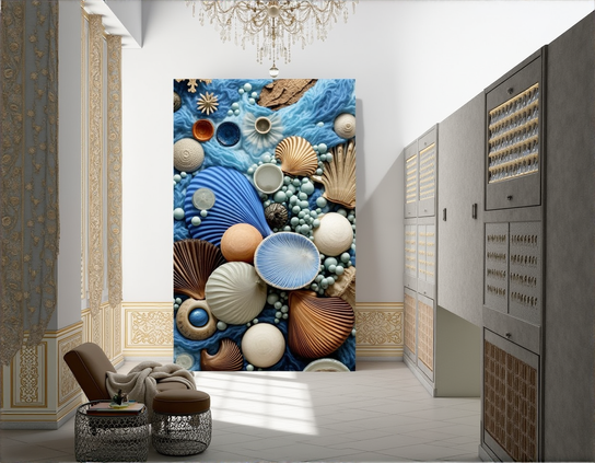 A large vertical panel artwork of a vibrant collection of shells and marine objects, set against a blue background, creates the striking focal point of a luxurious interior private gallery space, with a comfortable chair, chandelier, and bank of lockboxes.