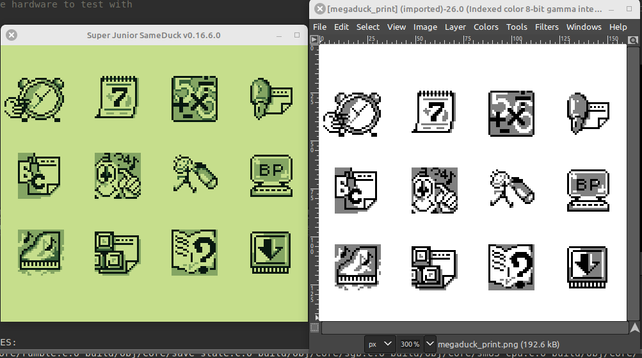 Screenshot of emulated megaduck console screen on the left in green-scale, and the emulated printer output on the right in grayscale. The image shown is the main menu with 4x3 grid of icons.