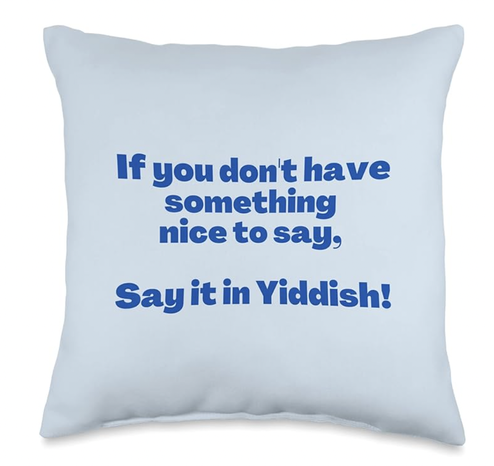 If you don't have something nice to say, say it in Yiddish is shown in blue lettering on a throw pillow.