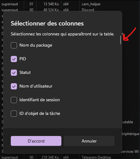 A screenshot of the Column Selection dialog in Task Manager, which has way more checkboxes that visible at first.

A tiny, microscopic scrollbar informs you that this list is scrollable, but it otherwise looks like it isn't.