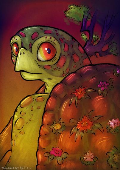 Stylized digital illustration of a Tortle Druid holding a tree like staff, with moss and colorful flowers growing on his shell

Commission for MasterOfDungeons