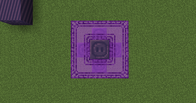 Modded MC screencap of a cube of Sourceglass (purple art deco-ish glass) with connected textures that has a Chiseled Sourcestone core (has a Starbuncle face on it).