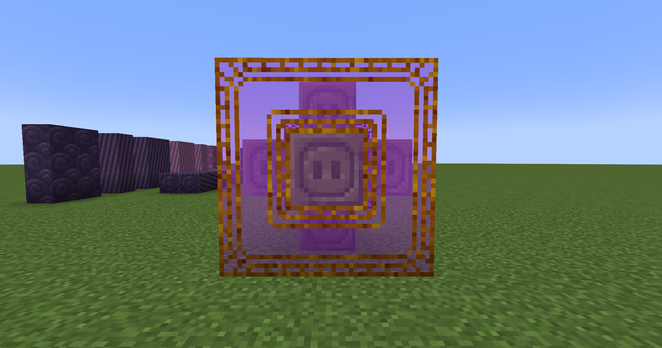 Modded MC screencap of a cube of Gilded Sourceglass (purple art deco-ish glass with gilded borders) with connected textures that has a Smooth Chiseled Sourcestone core (has a Starbuncle face on it).