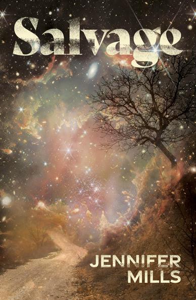 The cover of Salvage by Jennifer Mills. A photograph of many stars superimposed on a valley landscape. A leafless tree overhangs a dirt road that winds and disappears into the distance