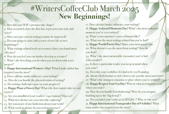 This is a list for the March Writers Coffee Club prompts.