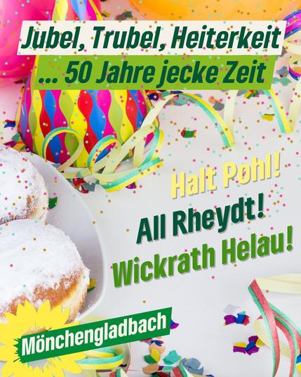 Das bunte Bild zeigt im Hintergrund Luftschlangen, Konfetti, einen Papierhut und einen Teller mit frischen Berlinern. Die Überschrift greift das Motto des diesjährigen Veilchendienstagszuges auf: „Jubel, Trubel, Heiterkeit … 50 Jahre jecke Zeit“.
Darunter sind die drei traditionellen Karnevalsrufe Mönchengladbachs zu lesen: „Halt Pohl“, „All Rheydt“ und „Wickrath Helau“!
In der linken unteren Ecke ragt eine Sonnenblume hervor, aus deren Mitte der Schriftzug „Mönchengladbach“ entspringt.