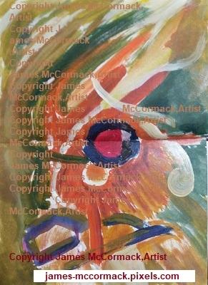 Abstract OneTwelve is an abstract painting with acrylic on paper, predominantly in orange and red, with some green and purple, inspired by Hilma af Klint.
