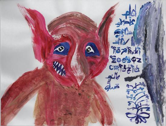This is a goblin! Red, with mouth eyes teeth. Perhaps smiling!
Some stuff is written in paint.
Round 1 brush, cheap.
Various script/language.