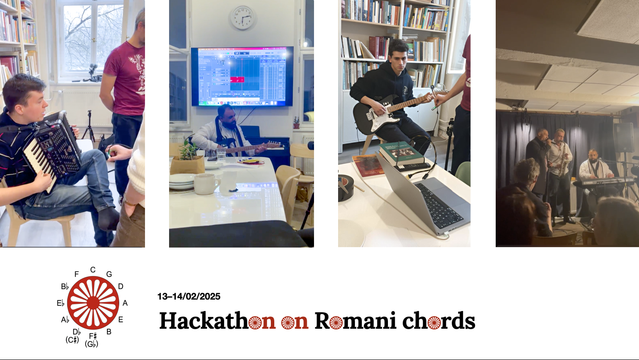 Selection of 4 pictures and the sign “Hackathon on Romani chords – 13–14/02/2025). Pictures from the left:

1)	A gentleman with an accordion.
2)	A gentleman with a guitar. There’s a big screen behind him projecting the process of sonic data acquisition. 
3)	A gentleman playing an electric guitar, looking at a computer screen.
4)	Three gentlemen playing a concert – a singer, a sax player and a keyboard player.