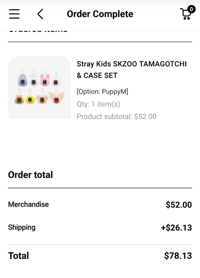 Completed order page for stray kids skzoo tamagotchi showing prices in USD. merchandise $52.00, shipping $26.13, total $78.13