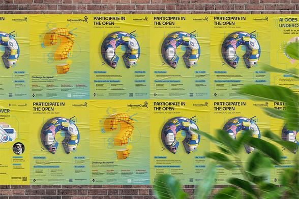 Eine Backsteinwand beklebt mit den Postern des InformatiCups, der Titel: Participate in The Open