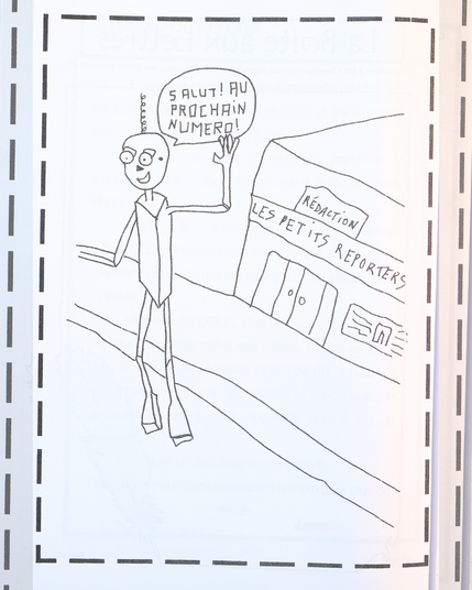 Dessin d'un enfant sur la quatrième de couverture du magazine ; on voit un robot dire "Salut, au prochain numéro" devant la rédaction des petits reporters.
