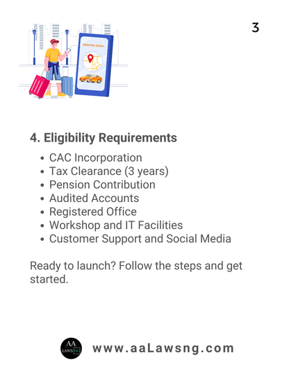 Slide 3
4. Eligibility Requirements
CAC Incorporation
Tax Clearance (3 years)
Pension Contribution
Audited Accounts
Registered Office
Workshop and IT Facilities
Customer Support and Social Media
Ready to launch? Follow the steps and get started.
aviel avenante law logo
 www.aaLawsng.com