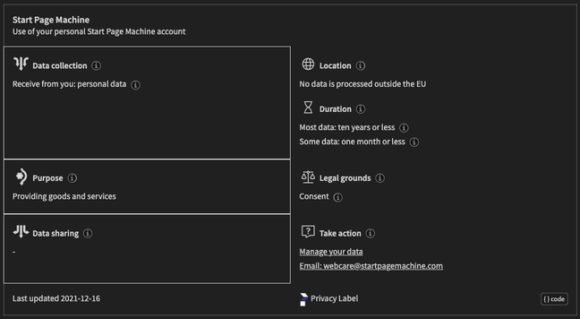 Screenshot of the StartPageMachine privacy policy