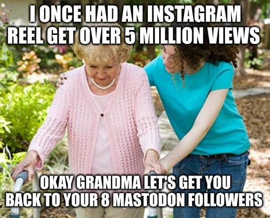 I once had an Instagram reel get over 5 million views.
Okay grandma let's get you back to your 8 Mastodon followers