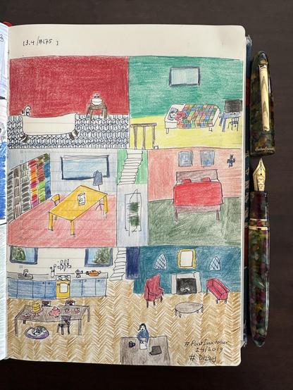 Sketch in sketchbook of the contents of a home, sort of like you would look at a doll’s house. Next to the drawing is the fountain pen used, an Esterbrook with needle point nib to draw really fine lines